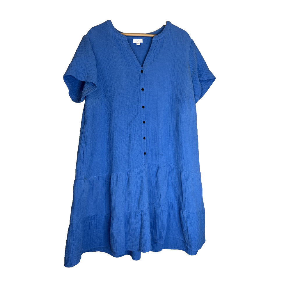 J Jill Blue Cotton Gauze Tiered Dress Women Size XL Short Sleeve Button Front